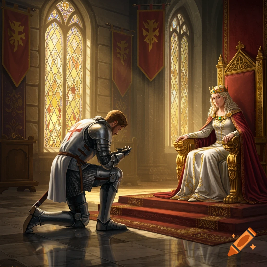 A knight in shining armor kneels before a queen seated on a golden throne in a grand medieval hall with stained glass windows.