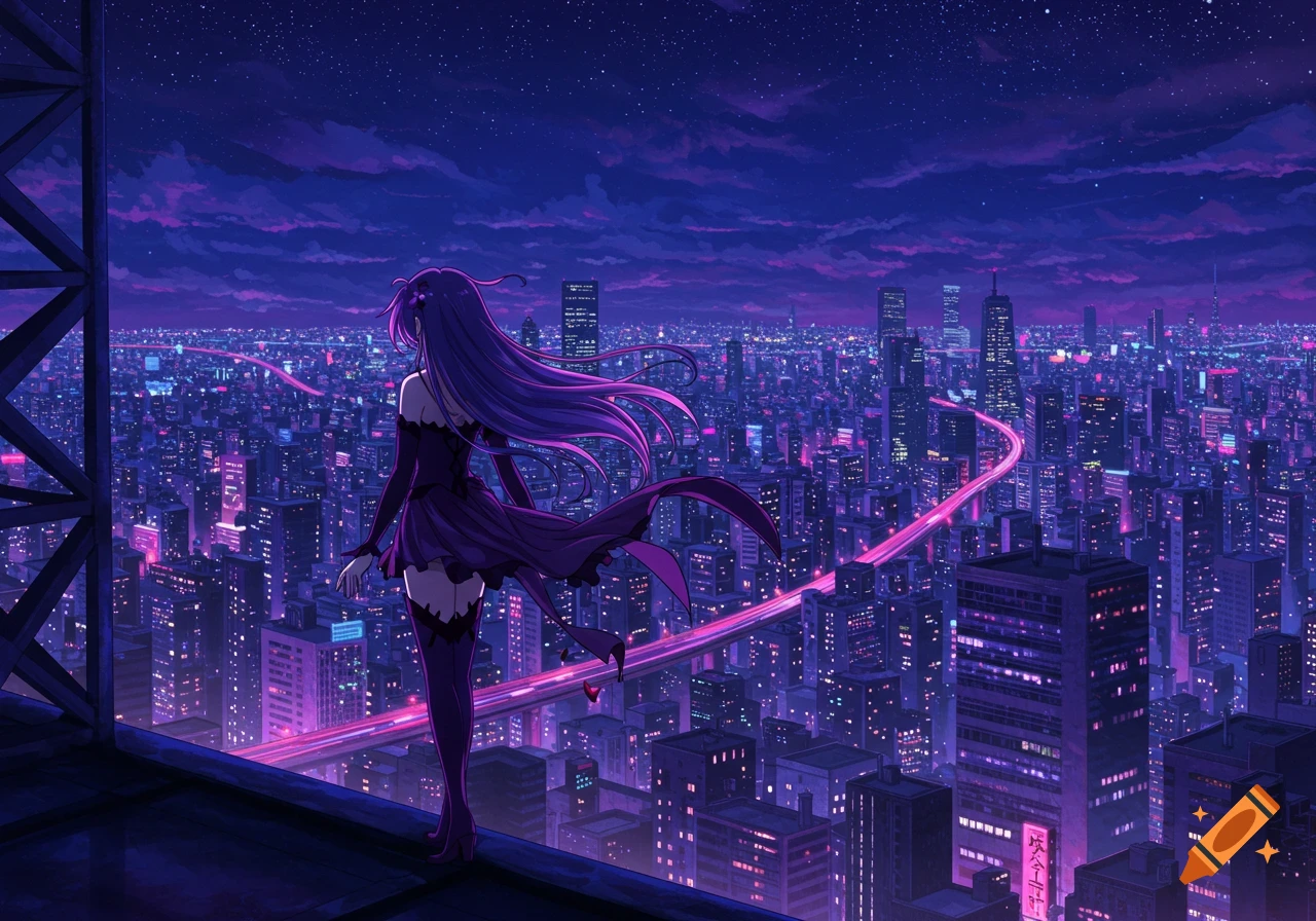 An anime girl with long purple hair and a dark dress stands on a rooftop, overlooking a vibrant neon purple cityscape at night.