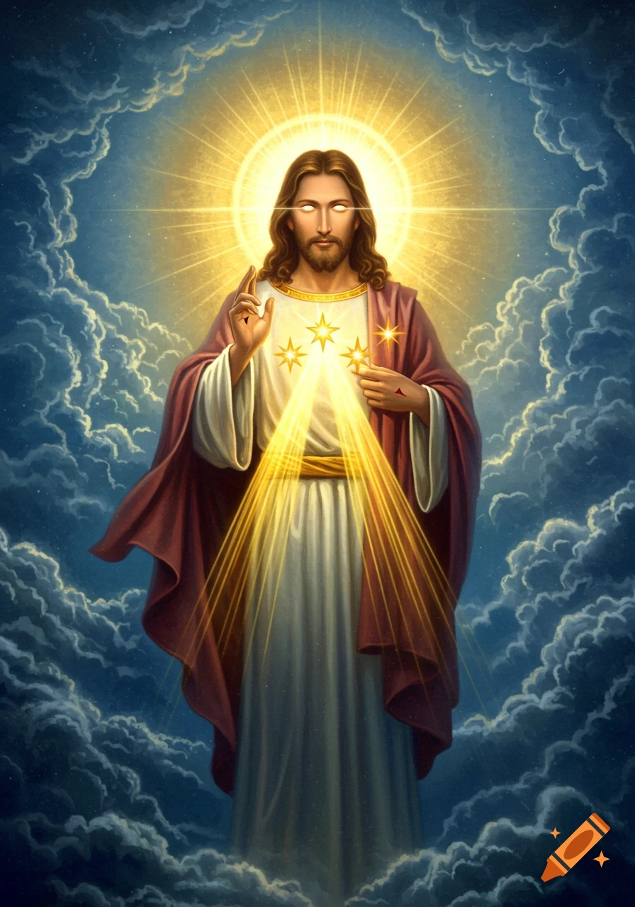 Jesus Christ, with long hair and beard, stands in white robes and a red cloak, surrounded by clouds and golden light.