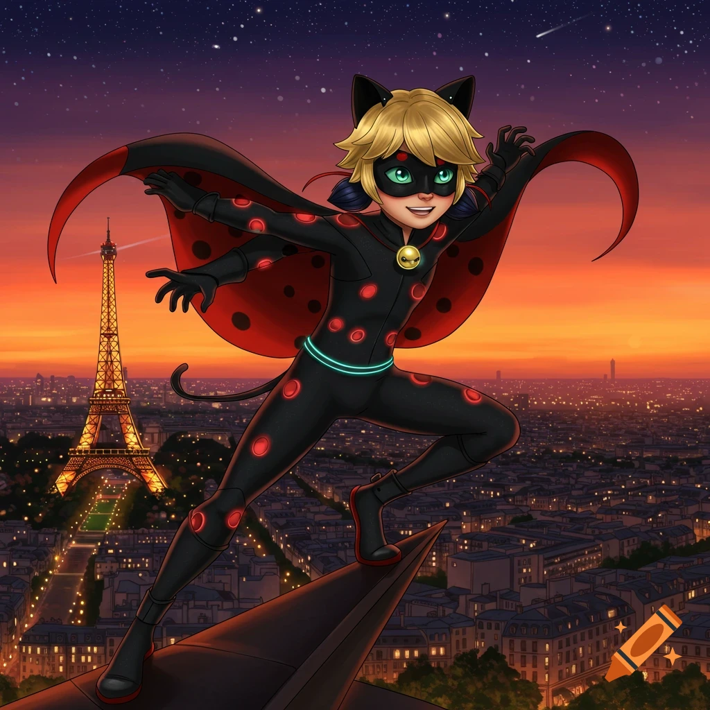 Cartoon superhero in black suit with red spots, green mask, and blonde hair crouches over Paris with the Eiffel Tower at sunset.