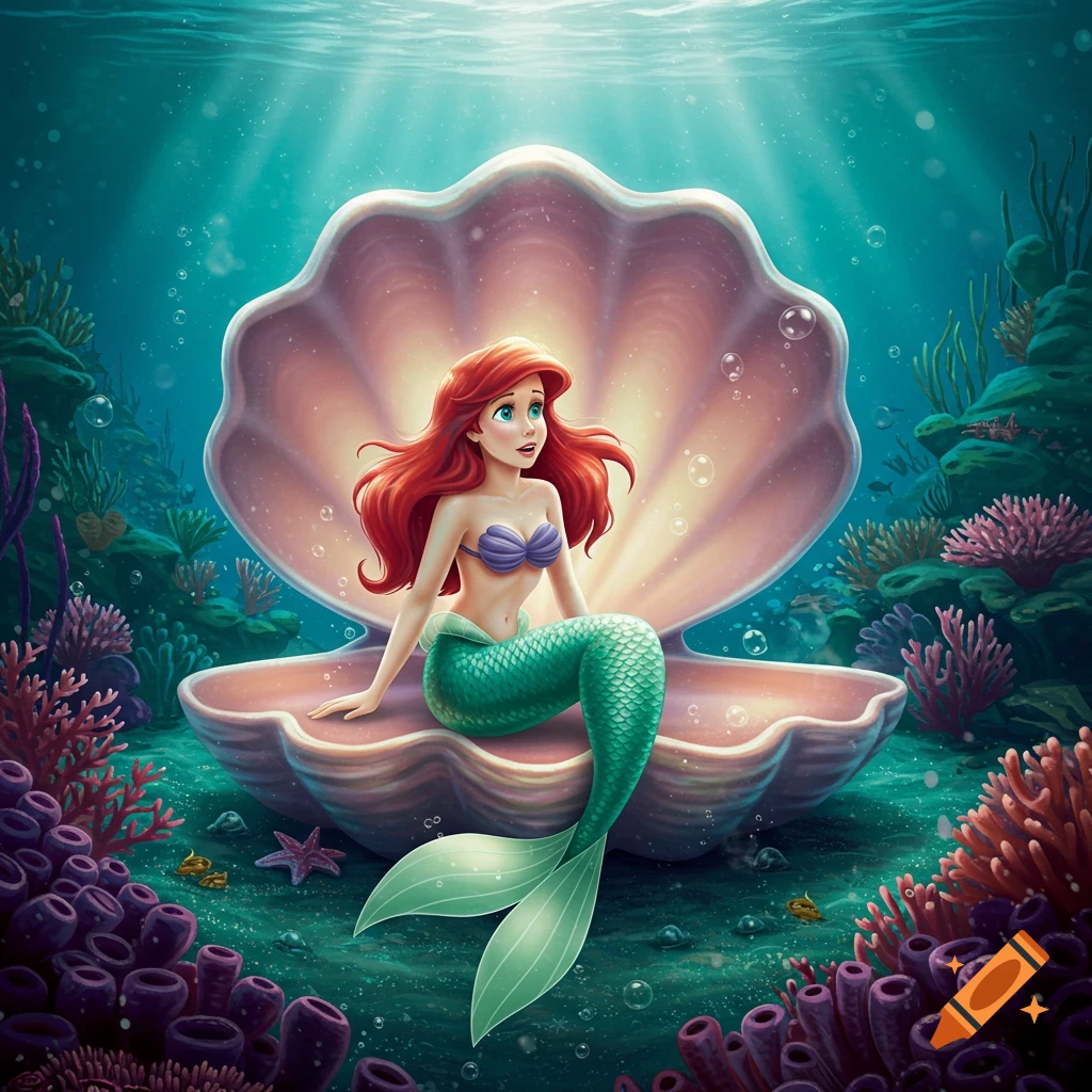 Ariel the Little Mermaid sits in a large, open pink clamshell on the ocean floor, surrounded by vibrant coral and sparkling light rays in a beautiful animated style.