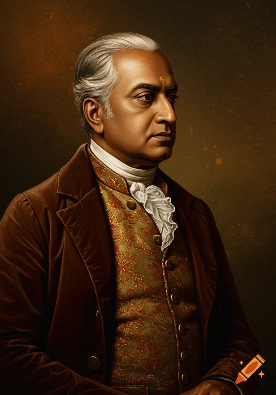 Painted portrait of an Indian man with white hair, wearing a brown velvet coat and golden patterned waistcoat in 18th-century style.