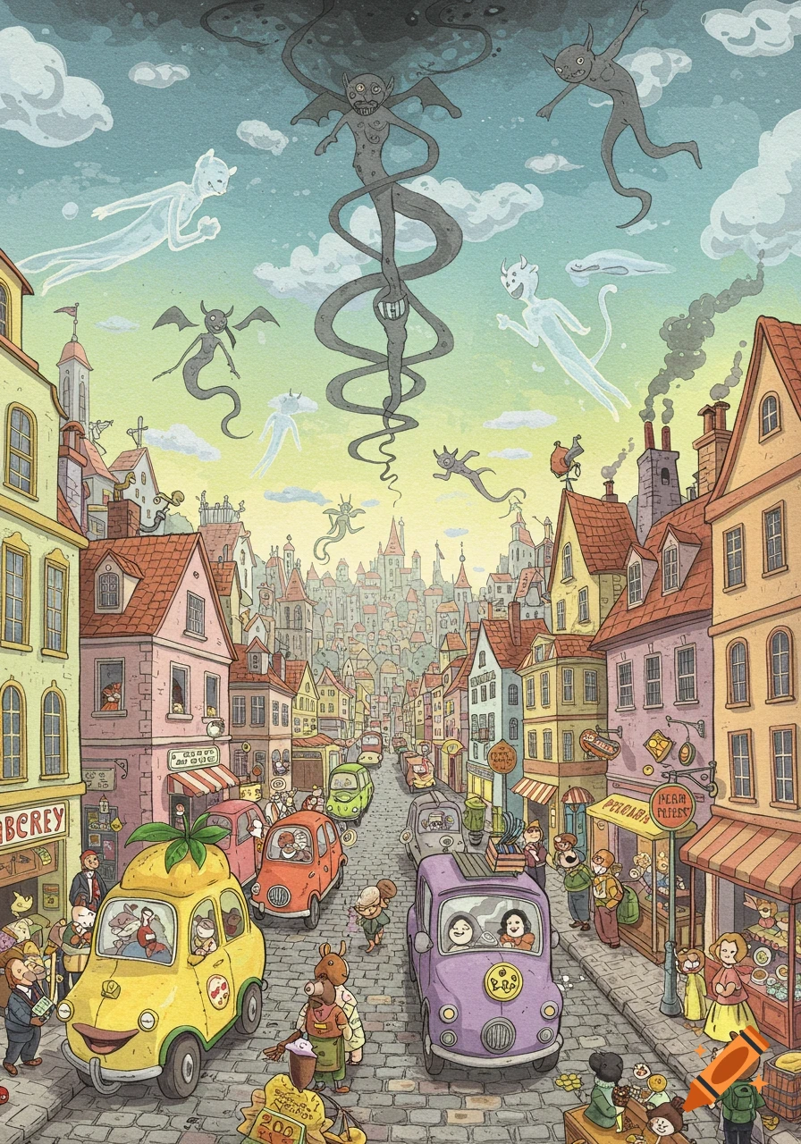 A whimsical, busy cartoon cityscape with anthropomorphic animals driving cars and walking, under a sky filled with cartoonish flying demons and ghost-like figures. The art style resembles Richard Scarry.
