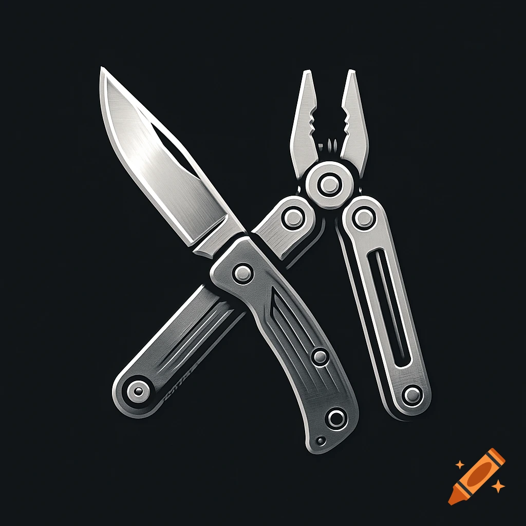 Silver folding knife and multi-tool pliers crossed on a black background, rendered in a metallic logo style.
