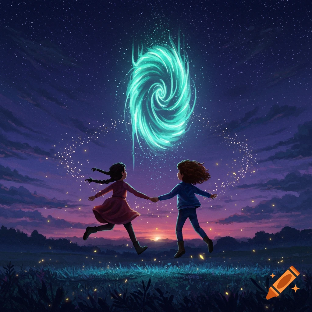 Two young girls hold hands, jumping towards a glowing teal portal under a starry night sky with sunset hues, illustrated fantasy art.