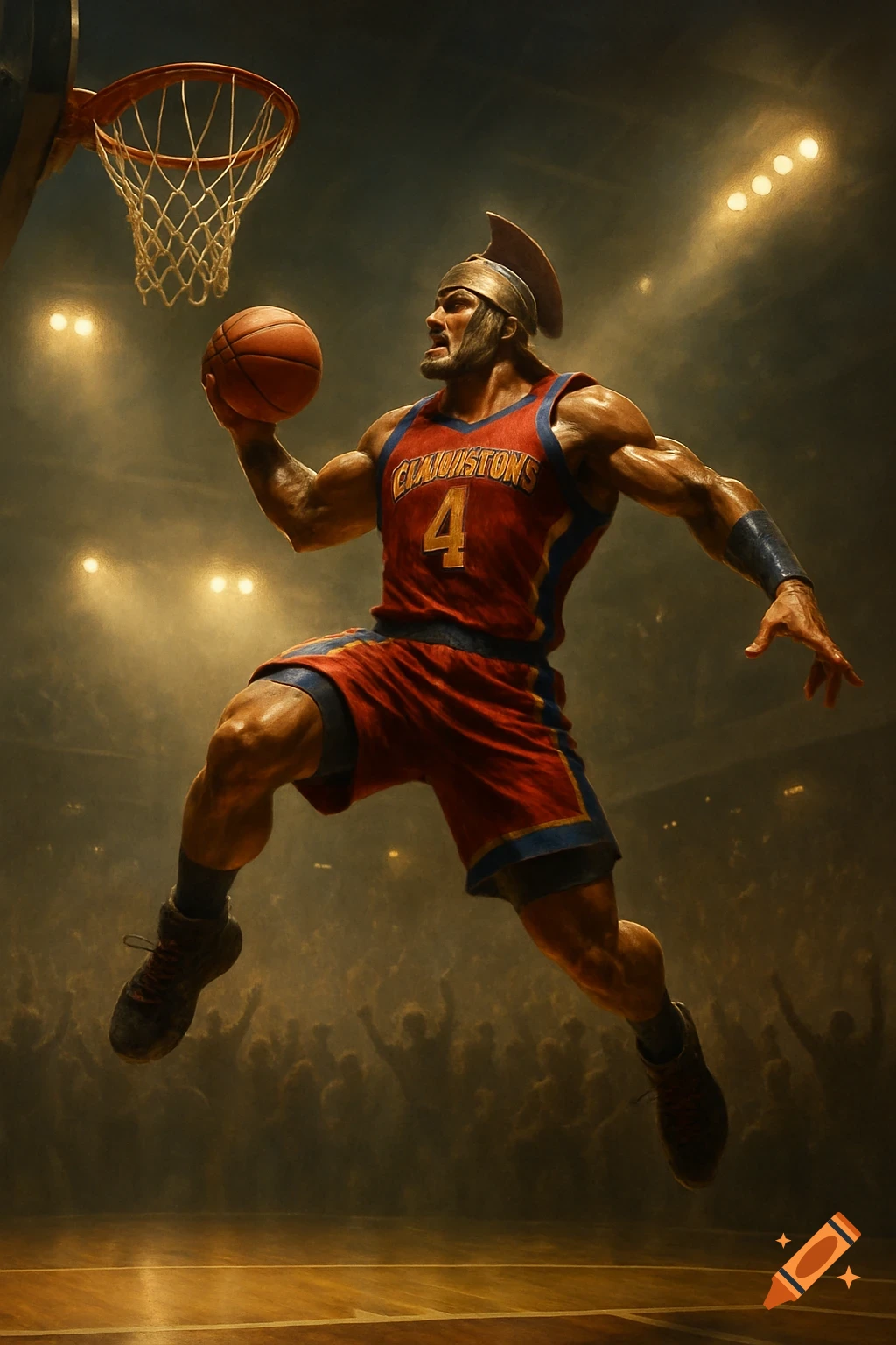 Muscular man in a red and blue basketball uniform and a Spartan helmet dunks a basketball in a stadium.