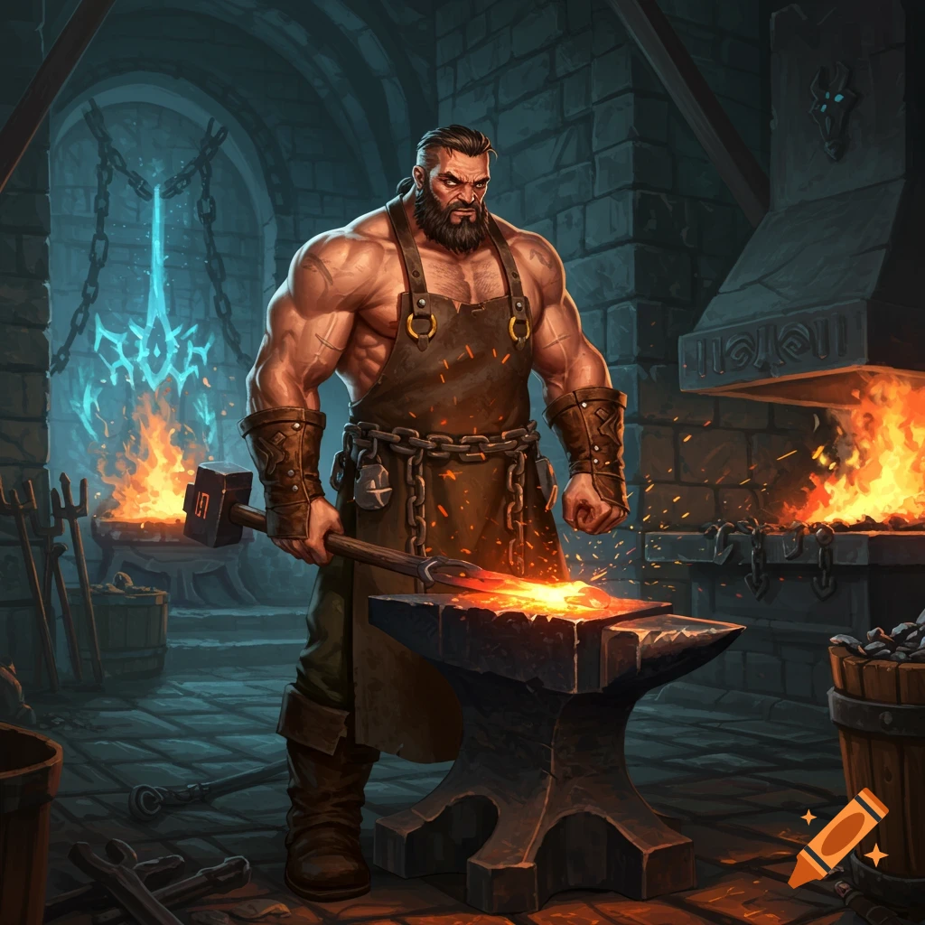 Muscular, bearded fantasy blacksmith in an apron, holding a hammer over glowing metal on an anvil in a forge.