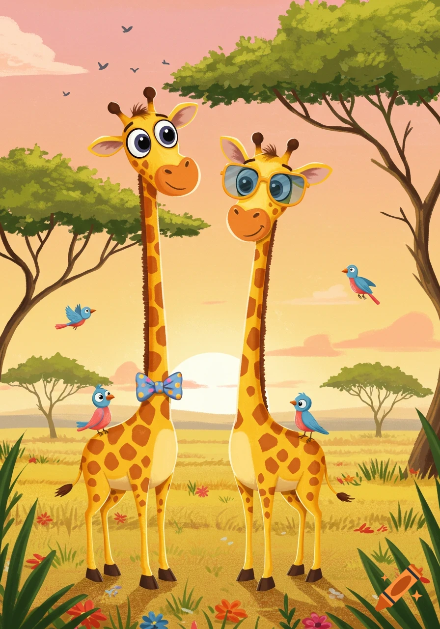 Two cheerful cartoon giraffes, one with a bowtie and one with glasses, stand in a savannah at sunset with birds.