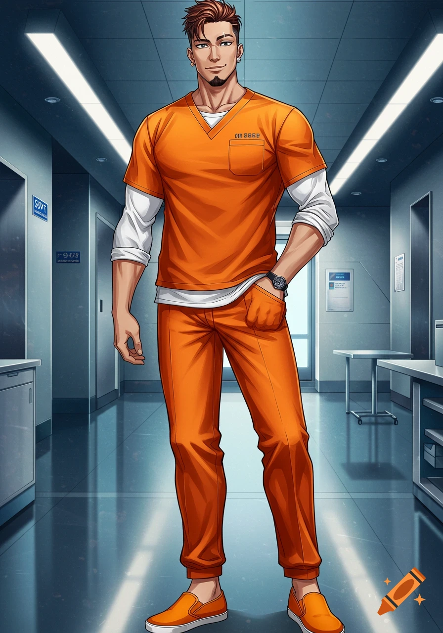 Anime style male character with brown hair and goatee, wearing orange scrubs, white undershirt, and orange slip-on shoes, standing with a small smile in a modern hallway.