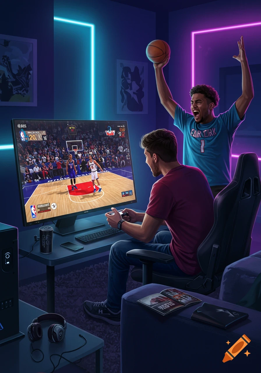 Two friends in a neon-lit room, one playing a basketball video game on a large monitor, while the other cheers enthusiastically, holding a basketball.