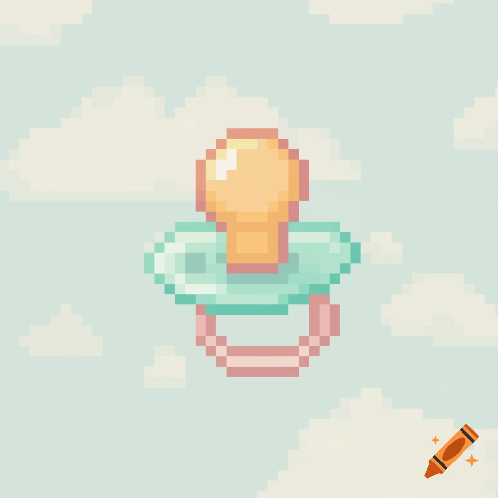 Pastel pixel art of a baby pacifier floating in a sky with clouds.