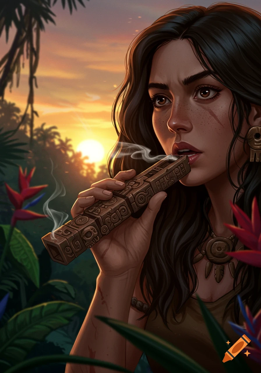 A stylized illustration of a woman blowing a carved Aztec whistle in a smoky jungle at sunset.