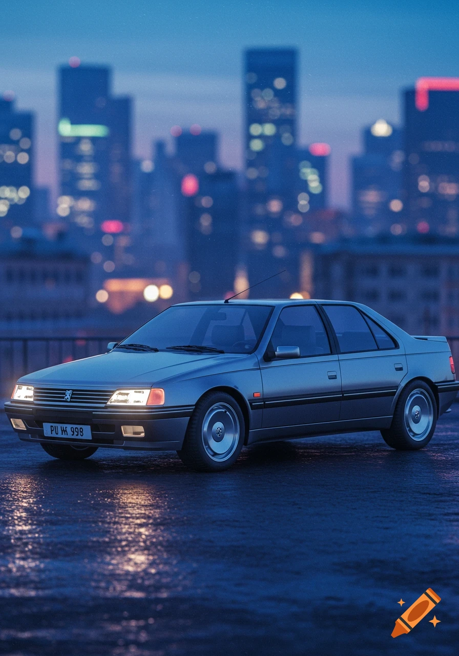 A grey 1980s-style Peugeot sedan parked on a wet surface at night, with a blurred city skyline in the background.