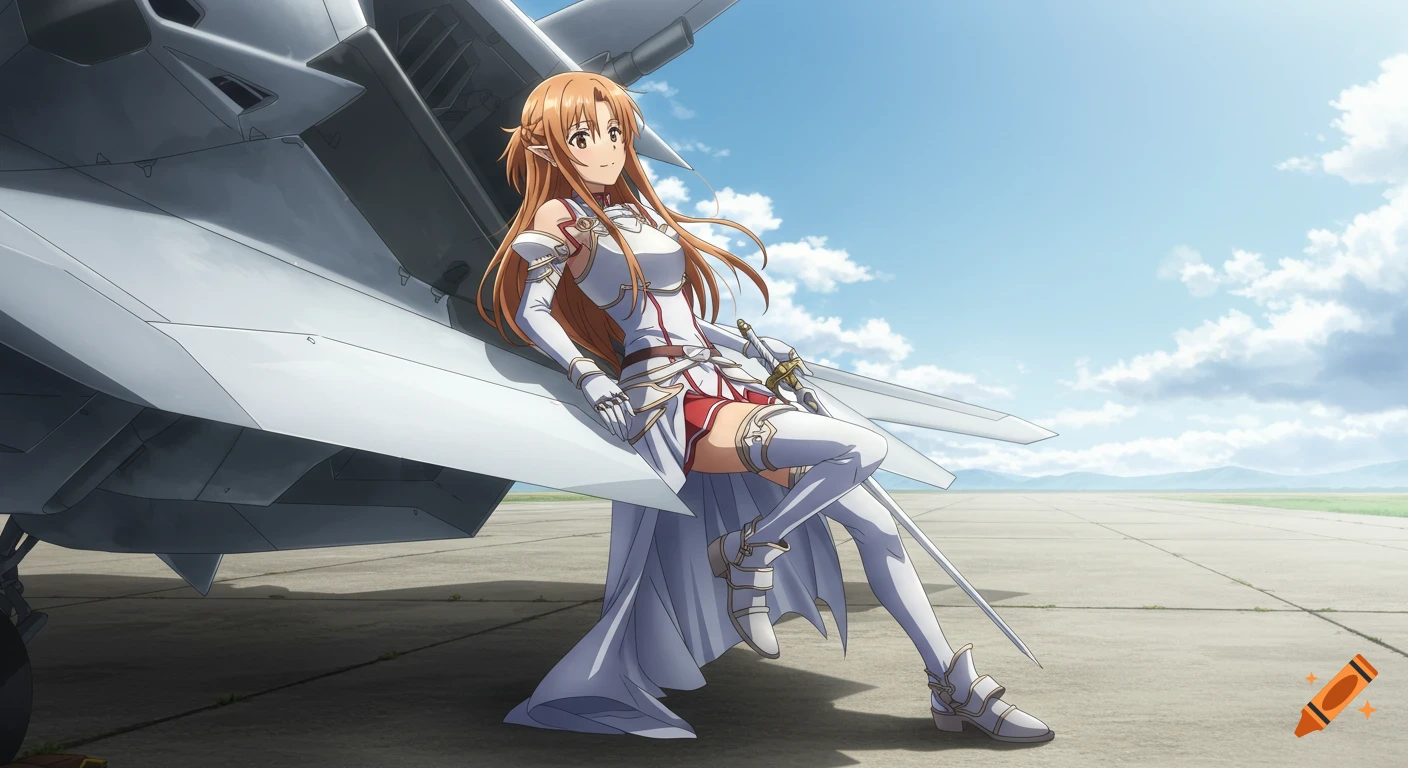 Anime character Asuna Yuuki in white armor dress leans on a jet on a sunny airfield.