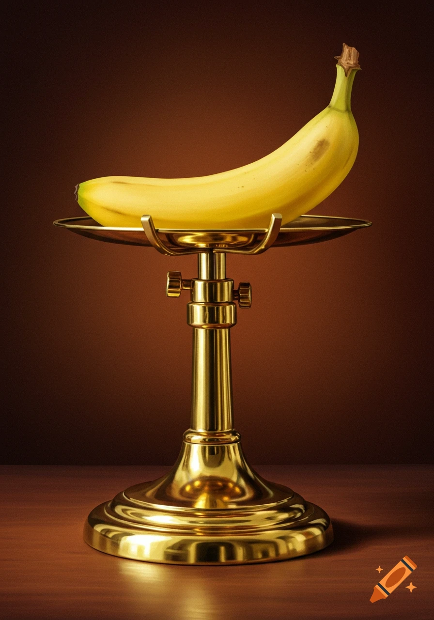 A bright yellow banana rests on a polished golden adjustable stand in a photorealistic still life.