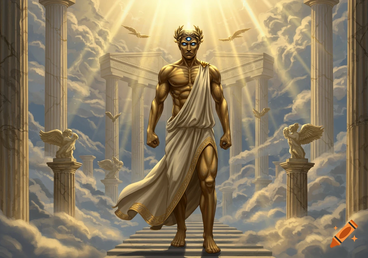 A golden, muscular, three-eyed Greek god in a white toga stands on steps in a heavenly temple amidst clouds.