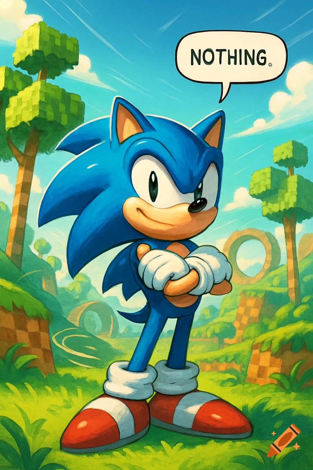 Sonic the Hedgehog stands with crossed arms in a vibrant Green Hill Zone-like landscape with blocky trees, saying 'NOTHING.'