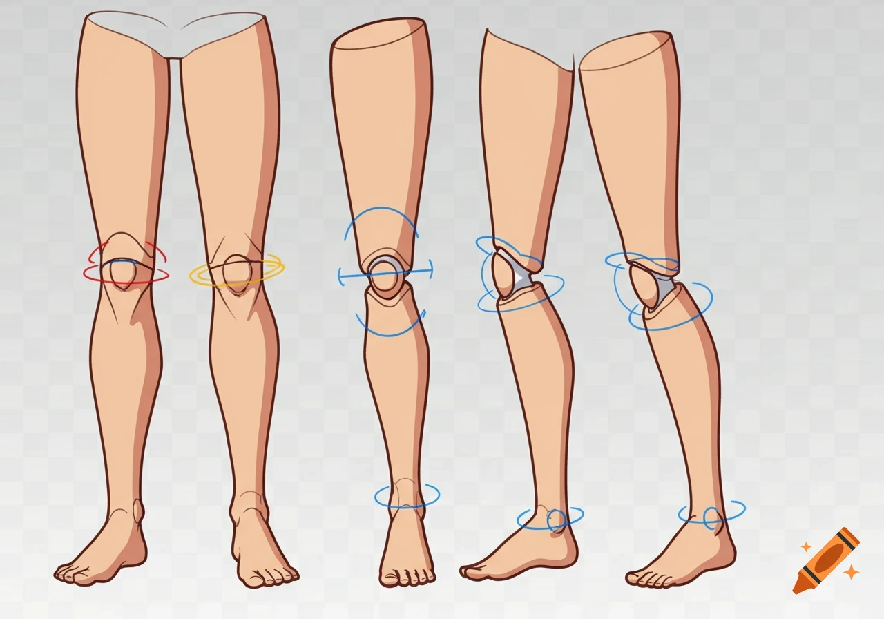 Cartoon human legs, disassembled into thigh, knee, calf, and ankle parts, showing articulation points in a flat vector style.