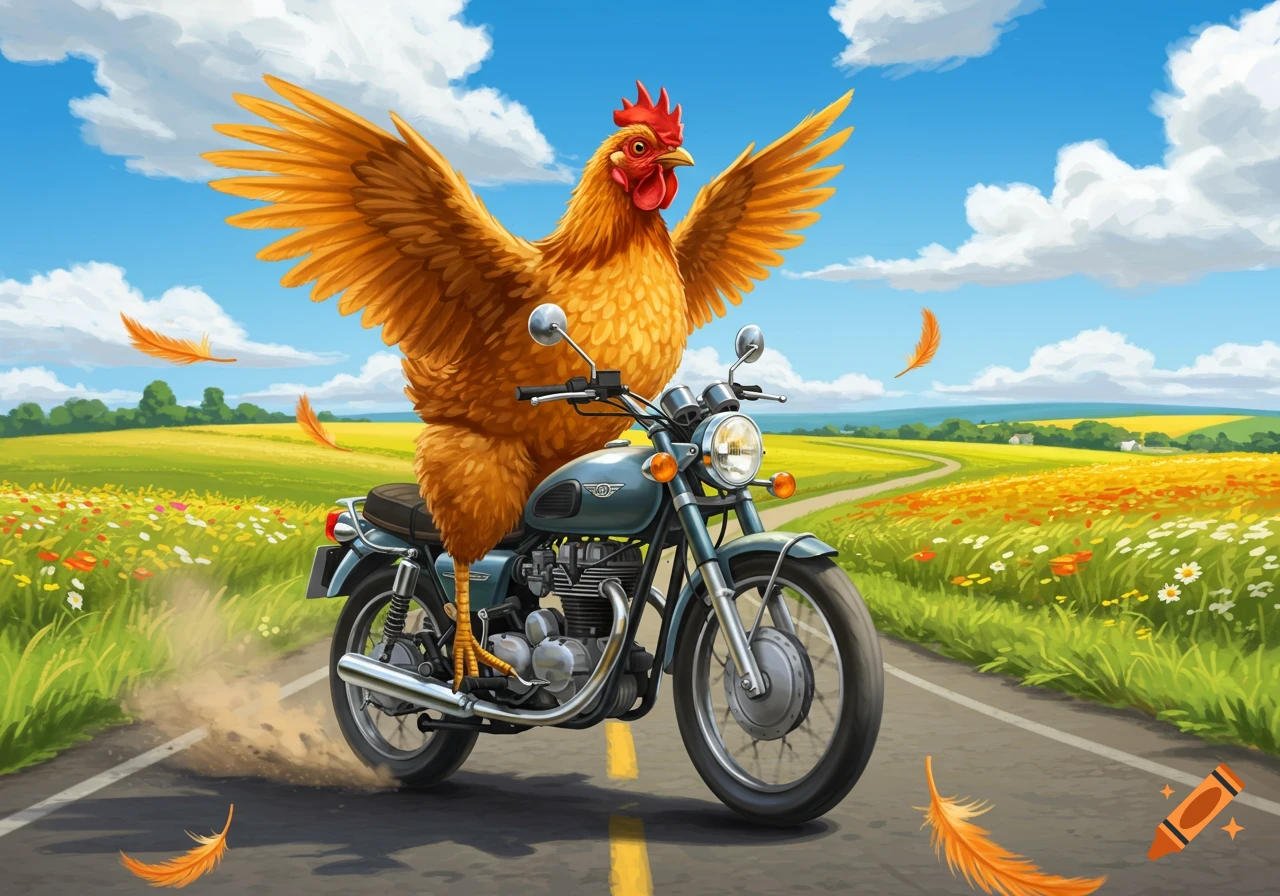 A cartoon chicken with wide wings rides a motorcycle down a winding country road through sunny green and yellow fields.