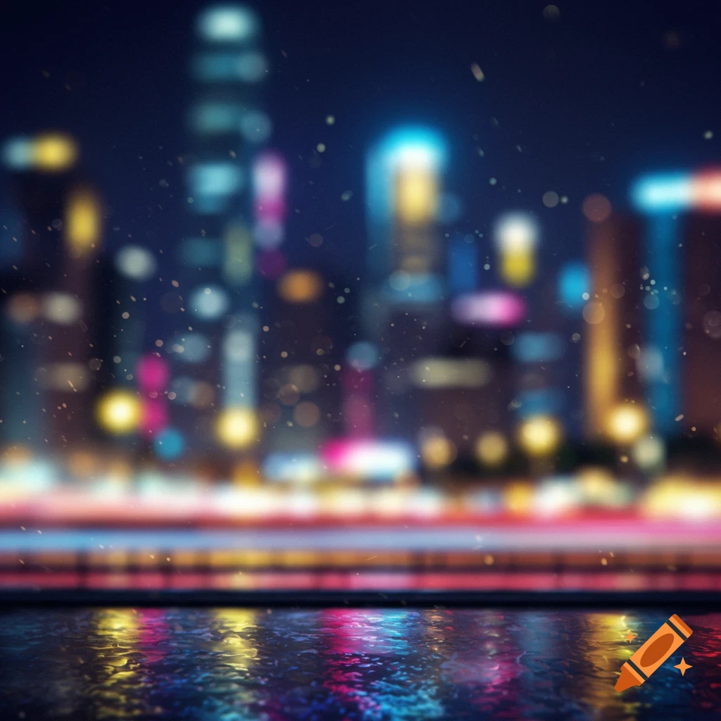 Blurred cityscape at night with vibrant bokeh lights reflecting on a wet foreground surface.