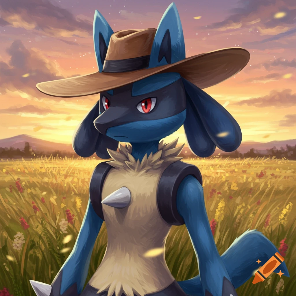 Lucario in a brown cowboy hat stands in a vibrant field of flowers under an orange-pink sunset sky, anime illustration.