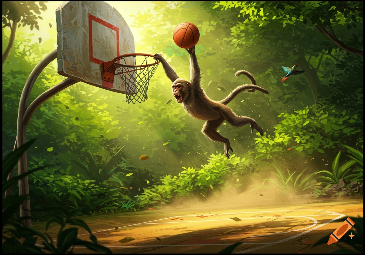 A monkey dunks a basketball on a worn hoop in a vibrant, lush jungle clearing with sunlight filtering through.