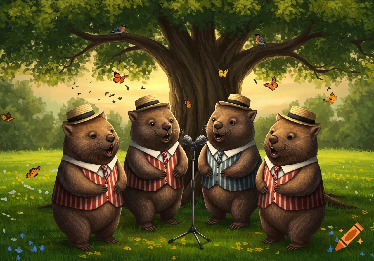 Four cartoon wombats in straw hats and vests sing into a microphone under a large tree in a lush, green field with butterflies.