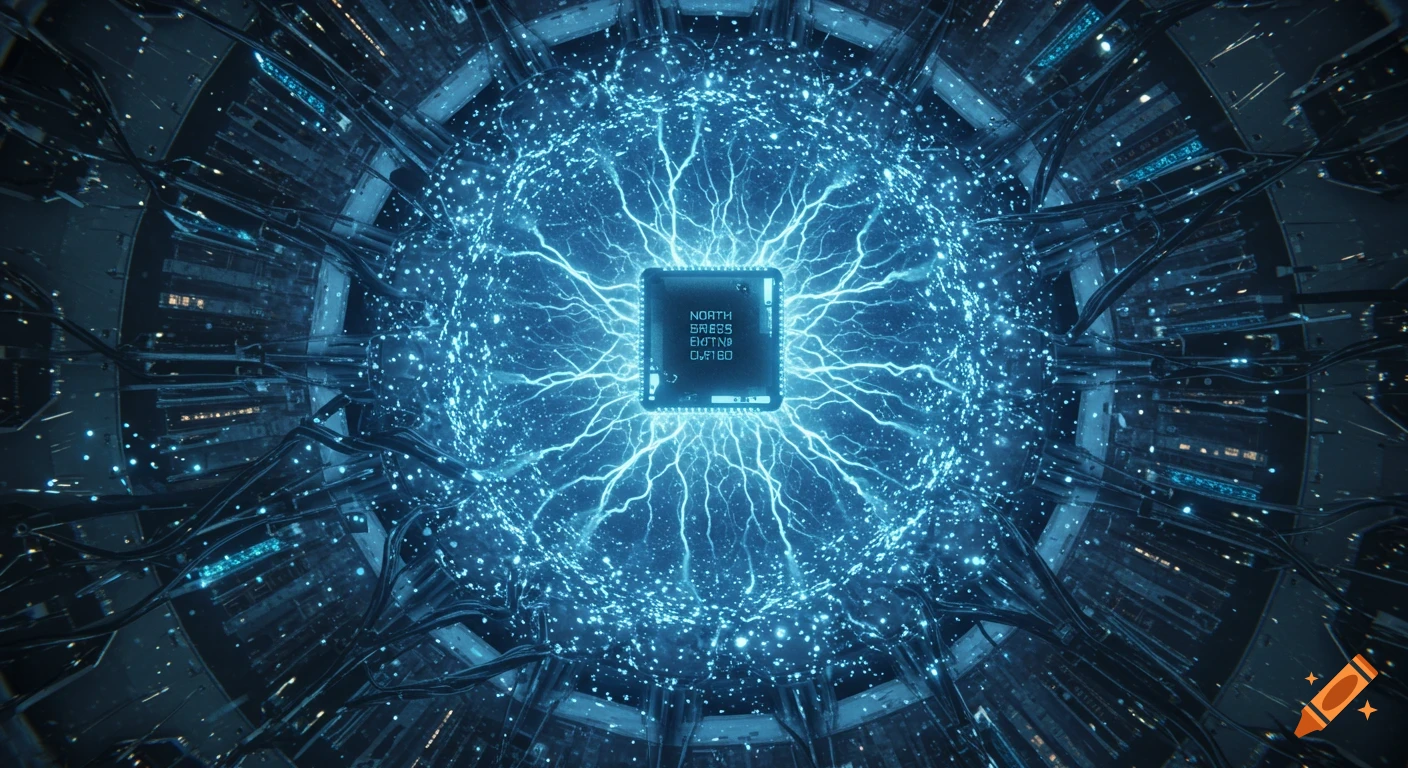 A glowing blue microchip at the center of a swirling electrical energy sphere, surrounded by futuristic dark machinery and cables.