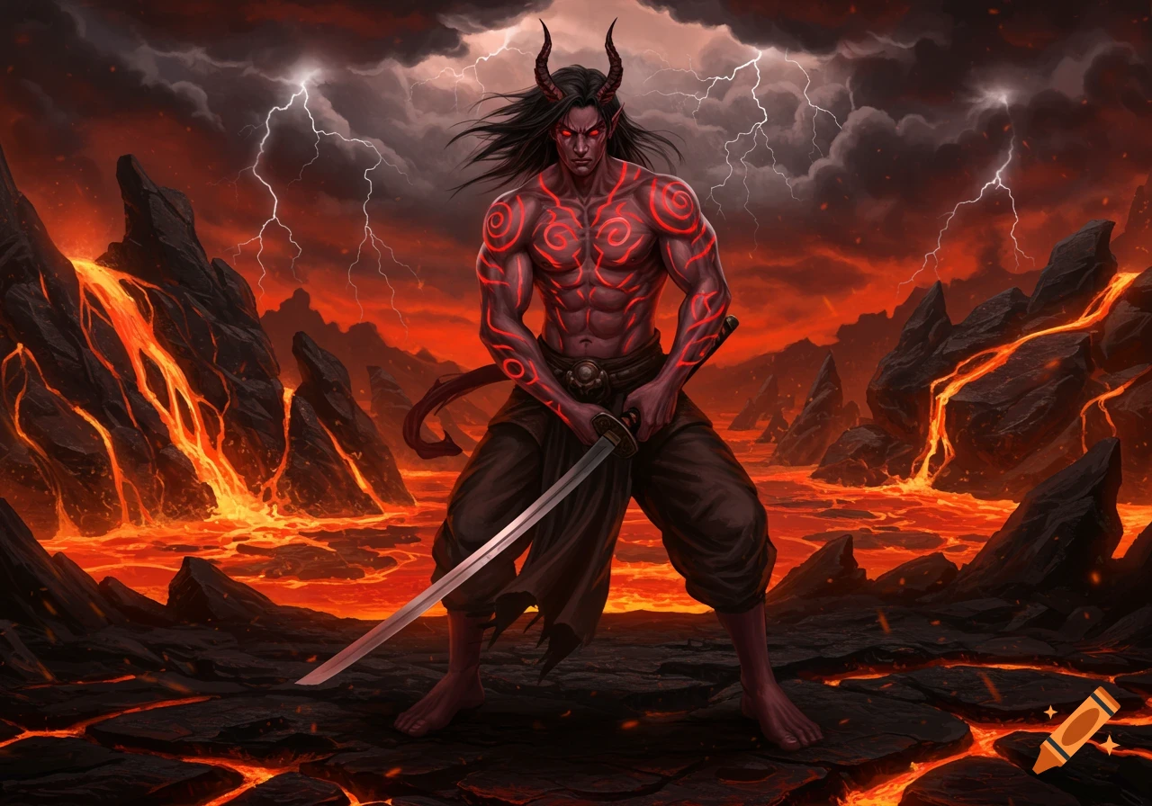 Muscular demon with horns and glowing red markings wields a katana in a hellish volcanic landscape with lightning.