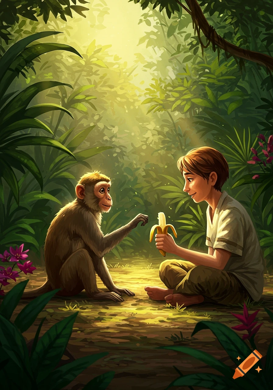 An illustrated scene of a young boy giving a peeled banana to a monkey in a sunlit jungle.