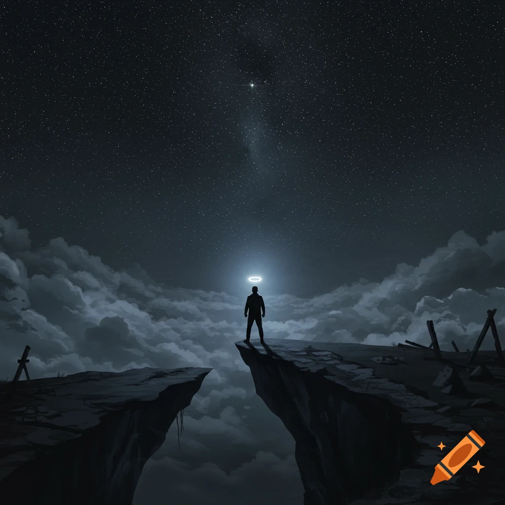 A lone figure with a glowing halo stands on a dark cliff edge, looking up at a starry night sky over vast clouds.