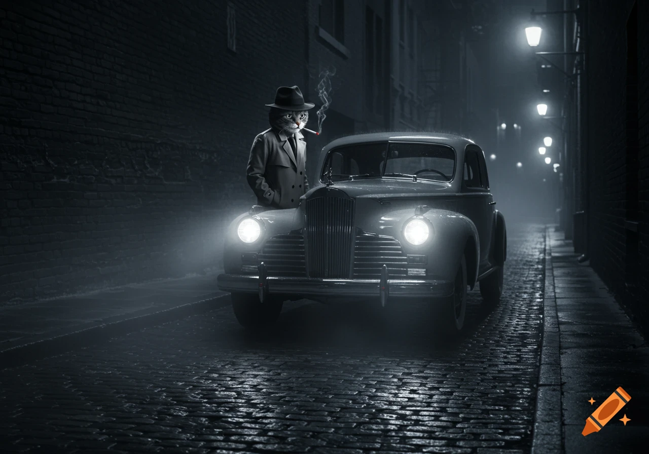 A black and white film noir image of a cat in a trench coat and fedora, smoking, leaning against a vintage car in a dark, misty alley.