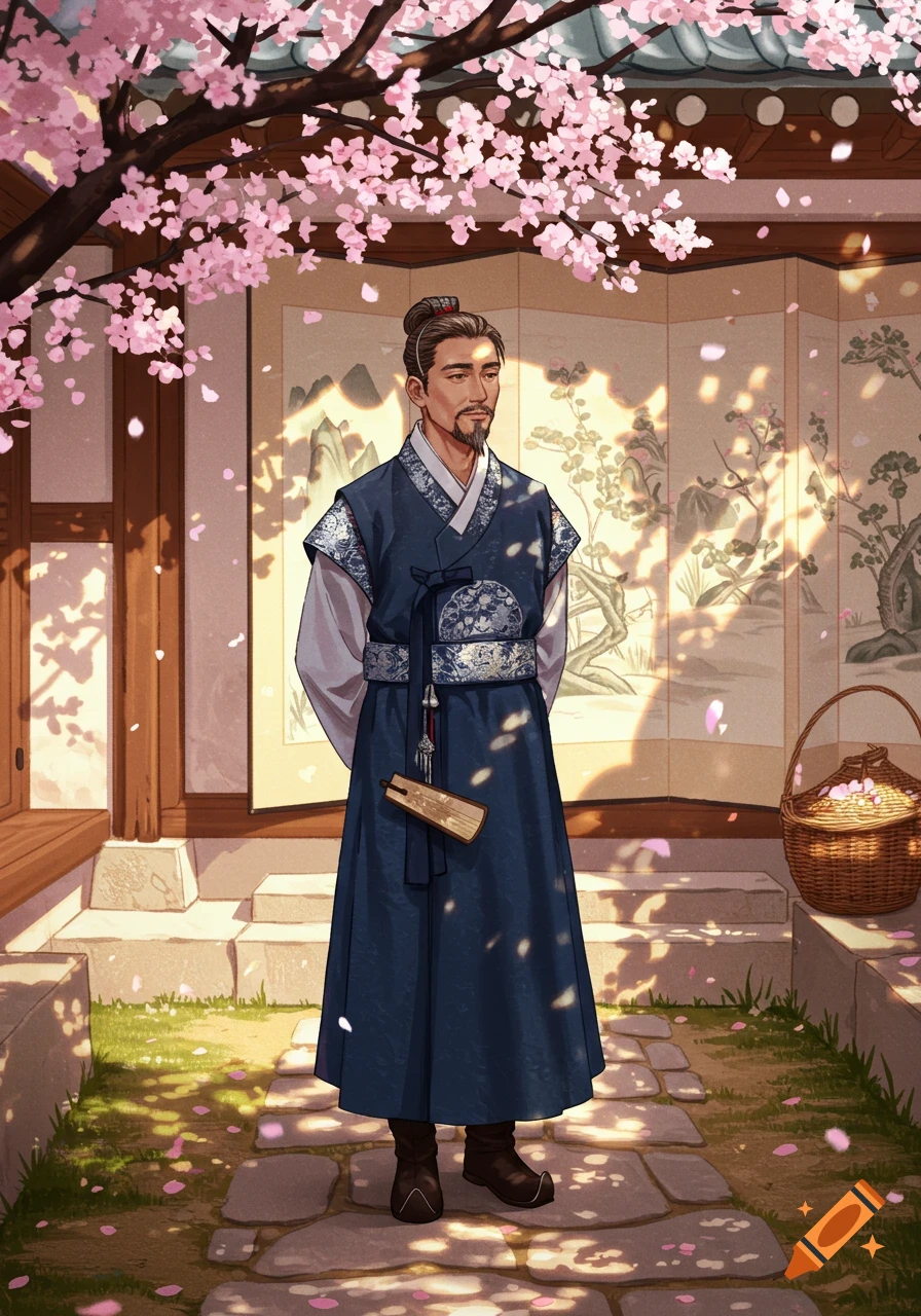 A man in traditional blue Korean attire stands under a cherry blossom tree in a sunny courtyard, holding a fan.