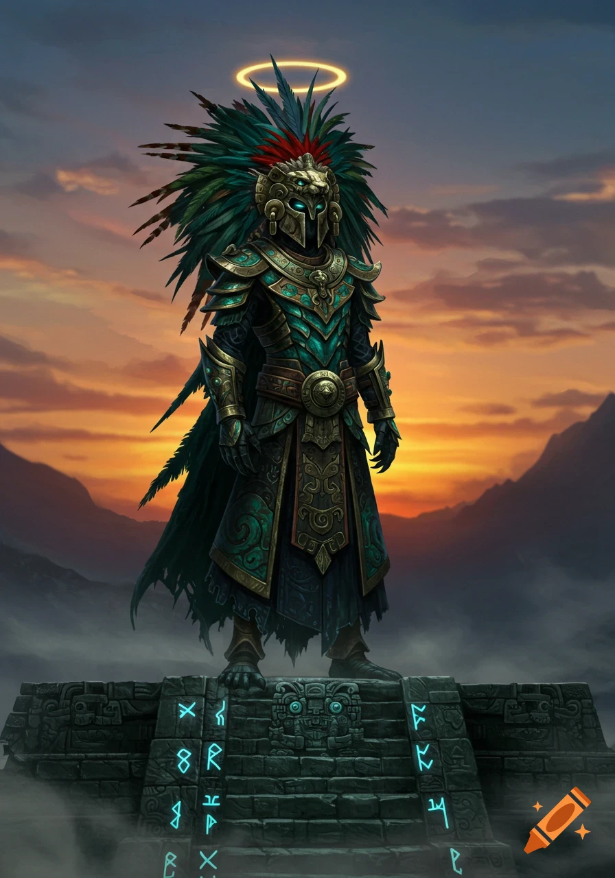 A fantasy warrior in ornate green and gold armor with a feathered helmet and halo stands on an ancient ruin at sunset.