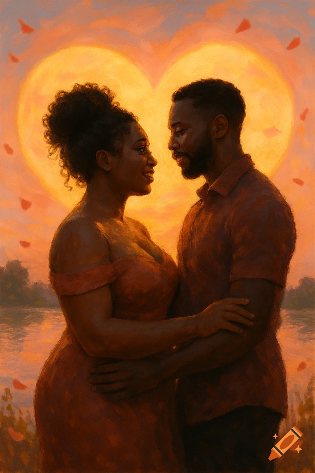 A Black couple lovingly embracing against a sunset with a large heart in the background, in a painterly style.