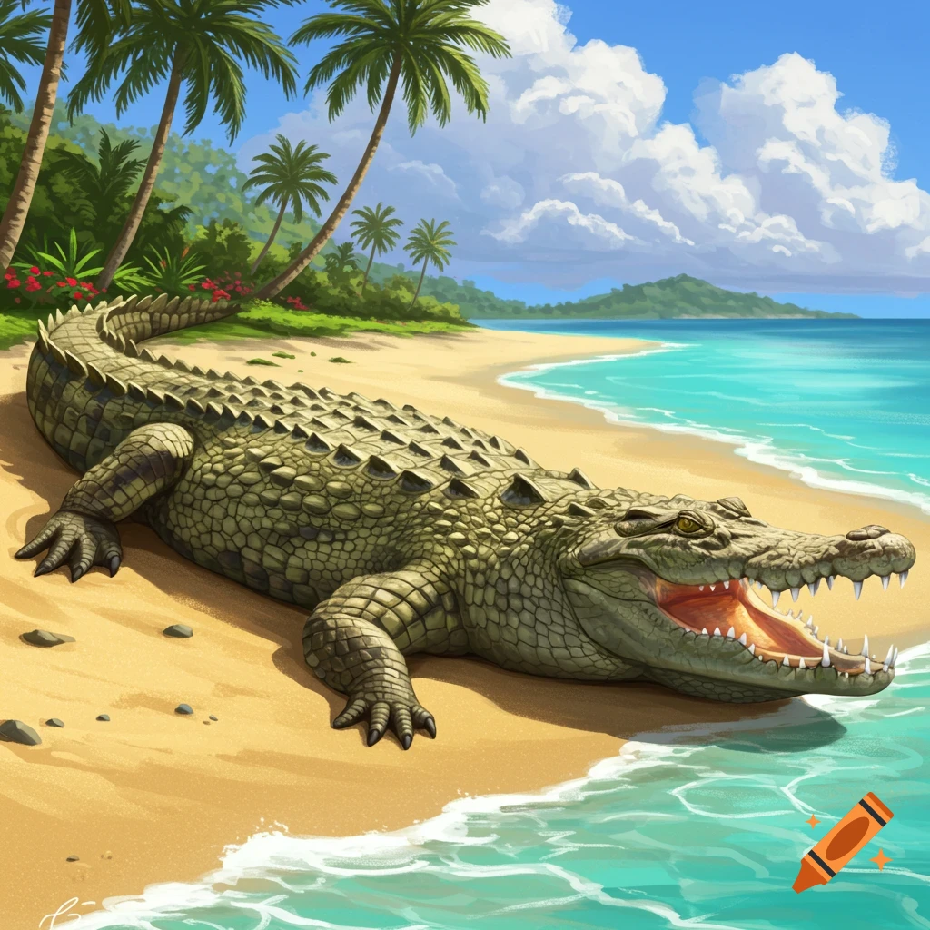 An illustrated crocodile with its mouth open lounges on a sandy tropical beach by the turquoise ocean, with palm trees in the background.