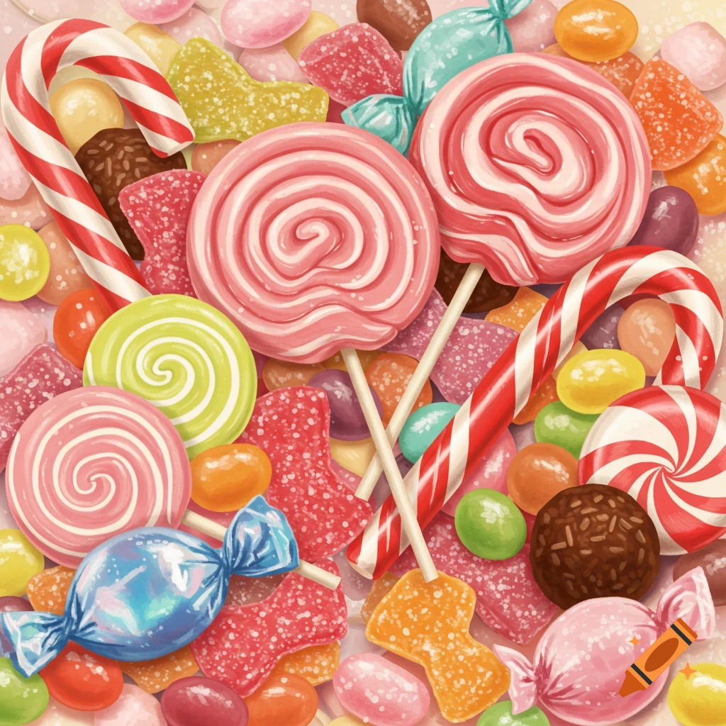 A vibrant, close-up illustration of an assortment of colorful candies, including lollipops, candy canes, and jelly beans.