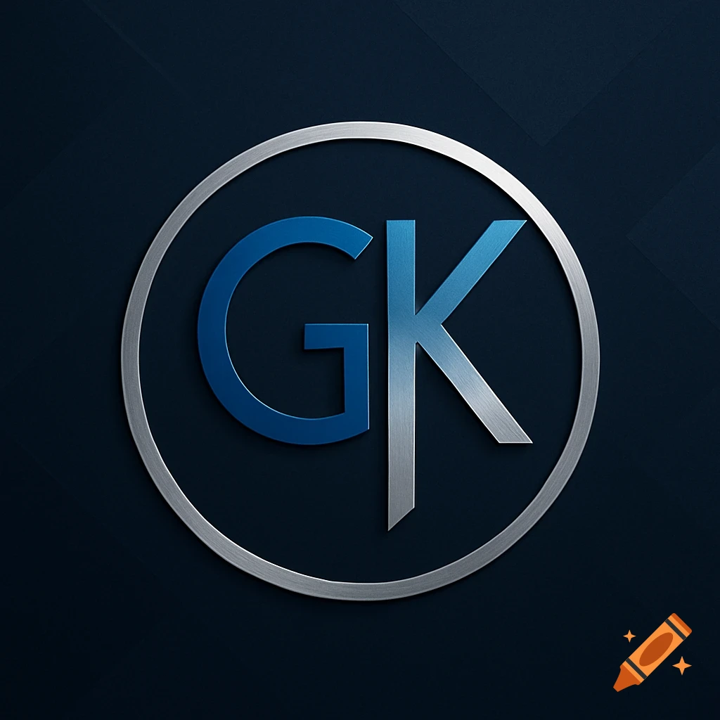 A sleek silver and blue metallic 'GK' logo inside a silver circle on a dark textured background.