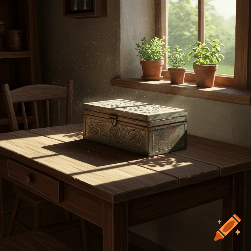 A rustic wooden table holds a decorative box in a sunlit room with potted plants on the windowsill, rendered in a realistic style.