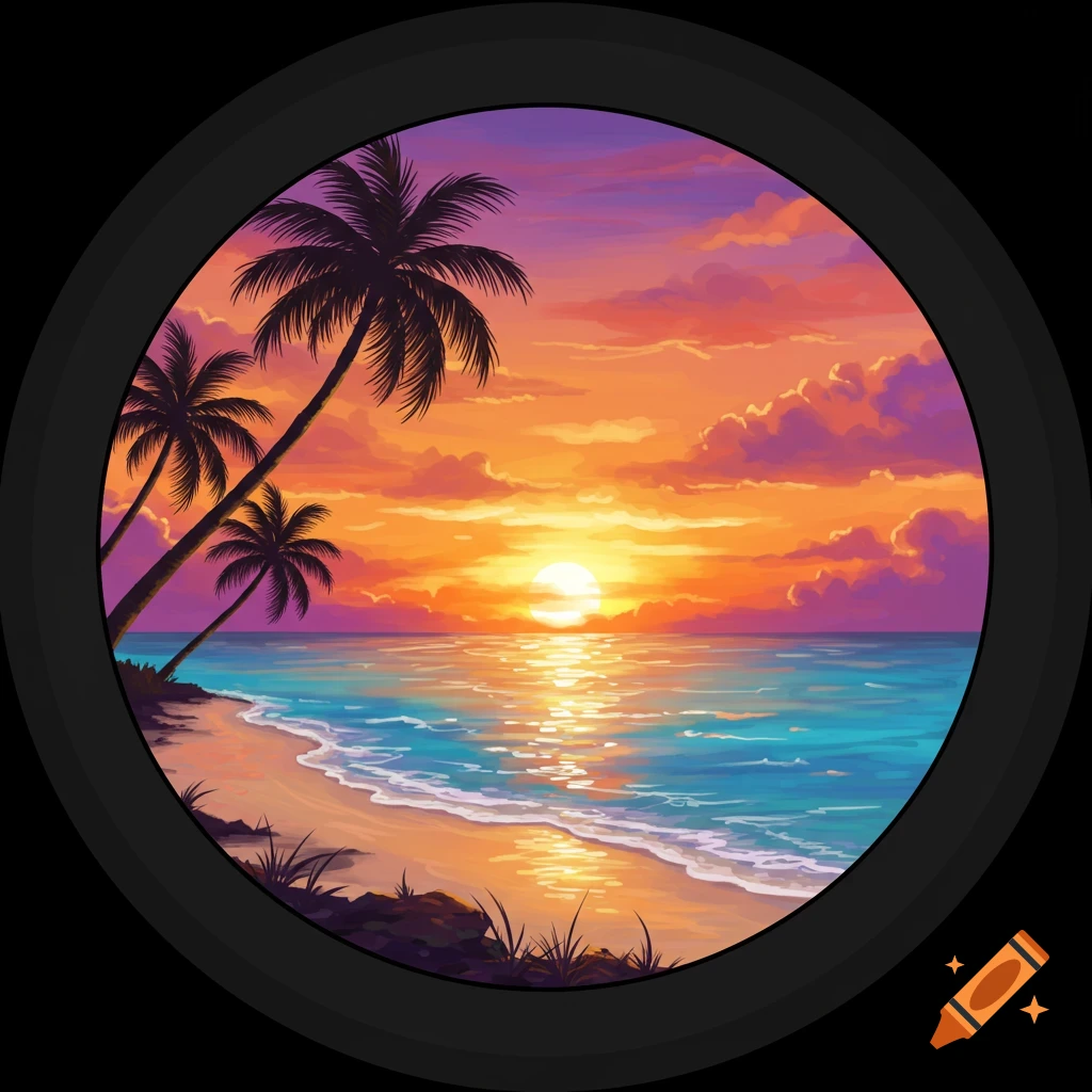 Stylized illustration of a vibrant sunset over a tropical beach with palm trees, seen through a circular frame.