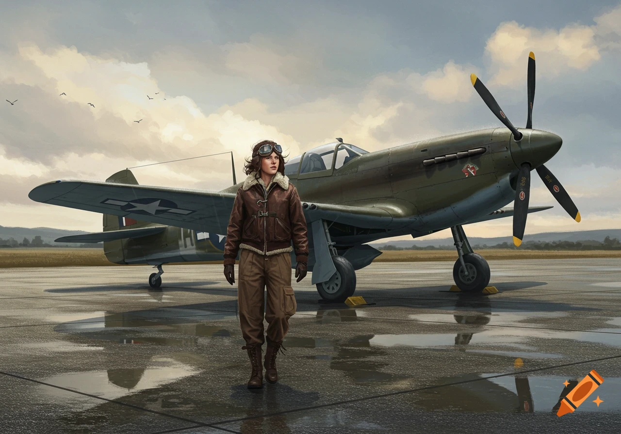 A female WWII pilot in a brown leather jacket and goggles stands on a wet tarmac next to a green fighter plane.