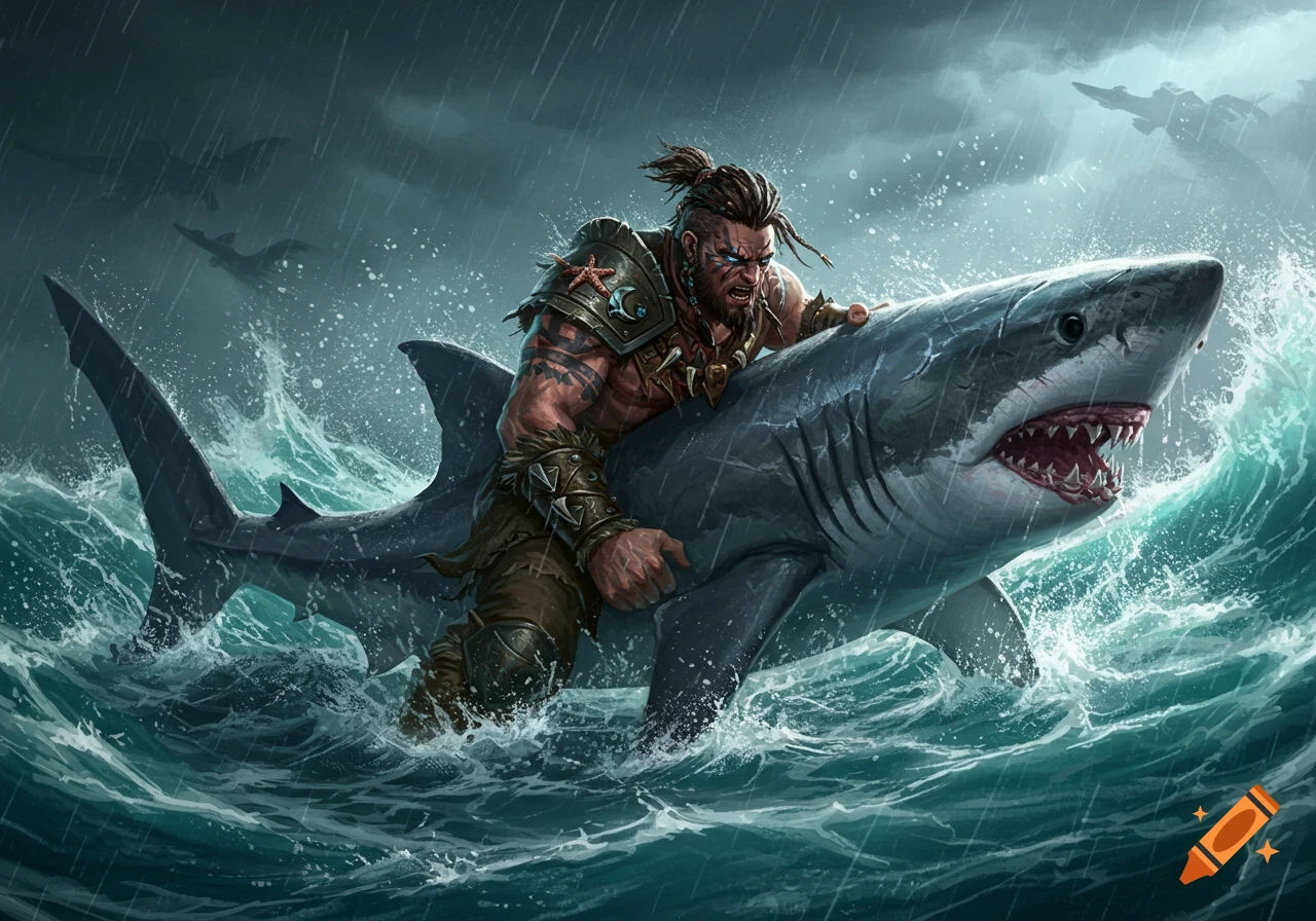 Muscular fantasy warrior with dreadlocks and tattoos riding a great white shark through stormy seas, digital painting.