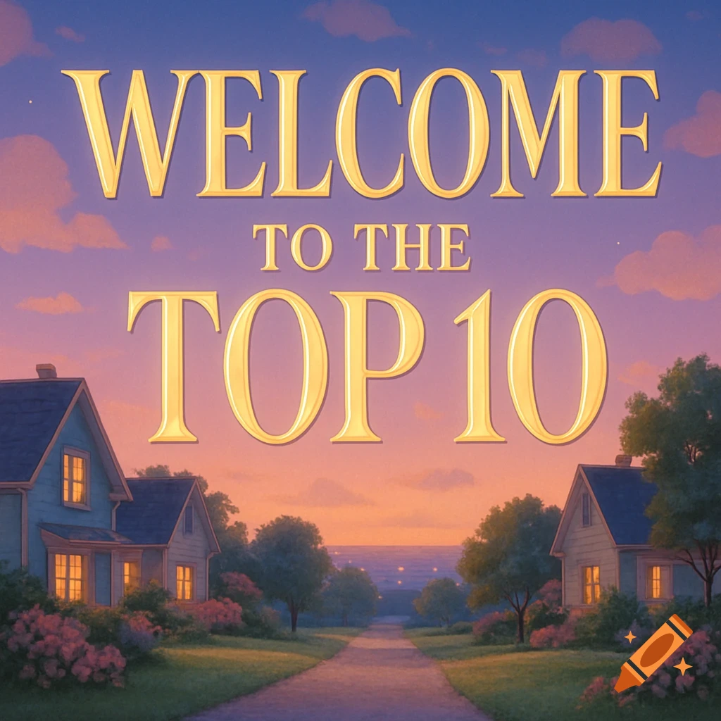 Illustrated suburban scene with text 'WELCOME TO THE TOP 10' above a street lined with houses and trees at sunset.
