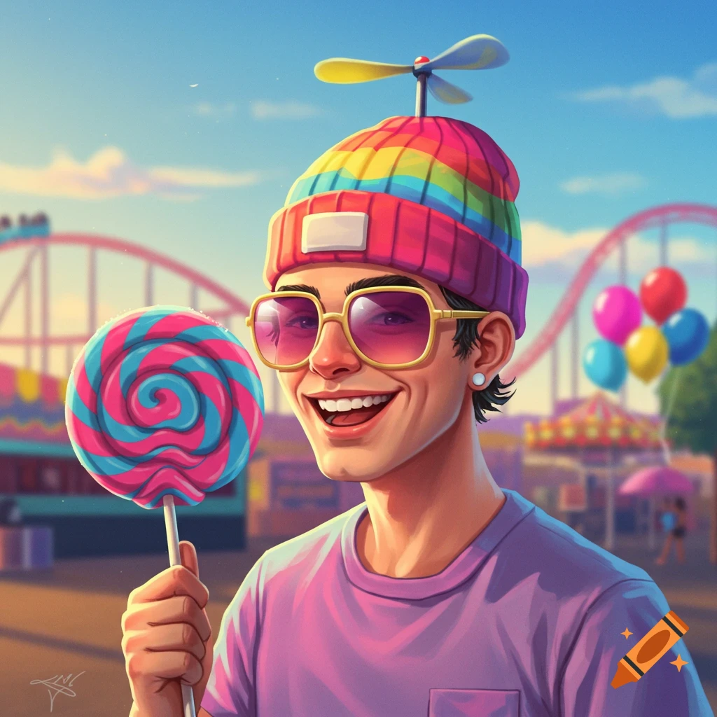 A cartoon of a smiling person wearing a rainbow propeller hat and sunglasses, holding a blue and pink lollipop at an amusement park.