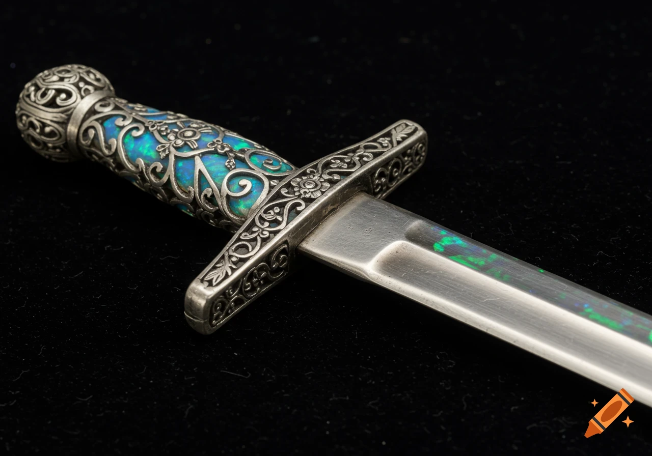A close-up of an ornamental shortsword with a silver hilt inlaid with blue and green opal, on a dark background.