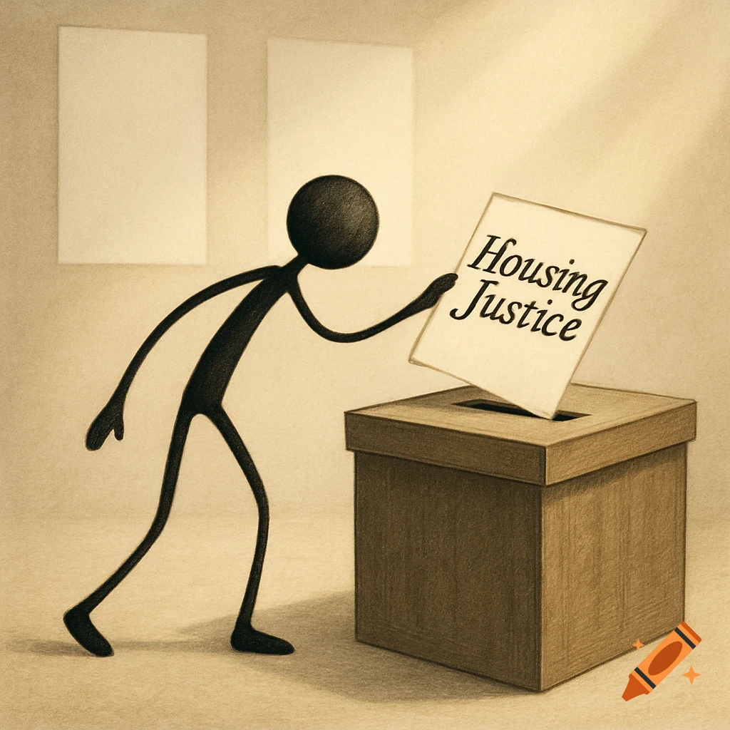 A stick figure deposits a paper labeled 'Housing Justice' into a wooden ballot box in a sepia-toned illustration.