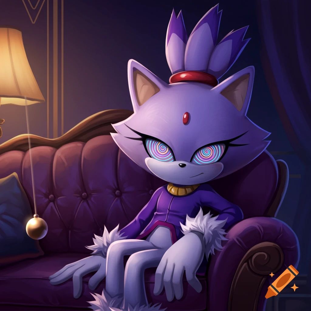 Anime illustration of Blaze the Cat, hypnotized with spiral eyes, sitting relaxed on a purple couch with a pendulum nearby.
