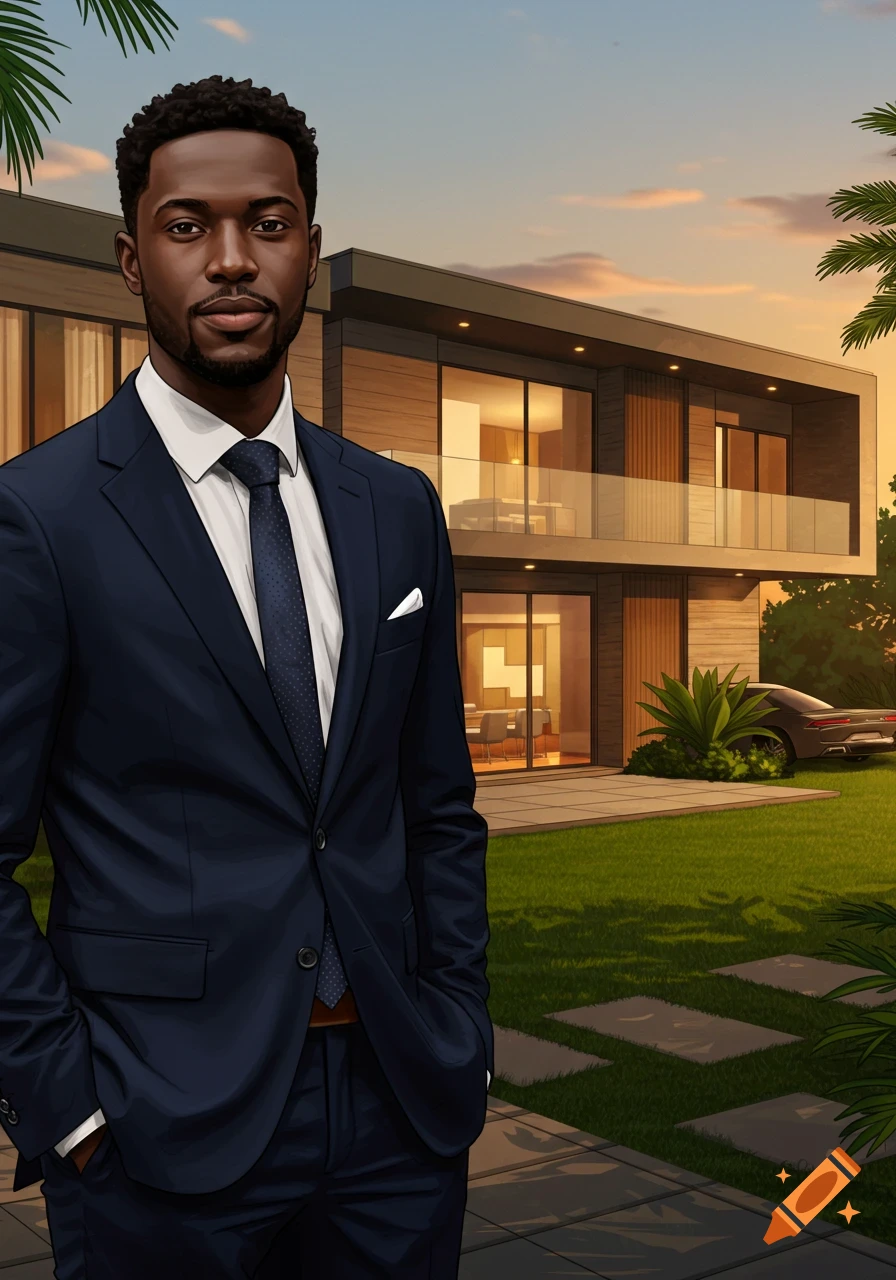 Illustrated Black man in a suit standing in front of a modern luxury house at sunset.