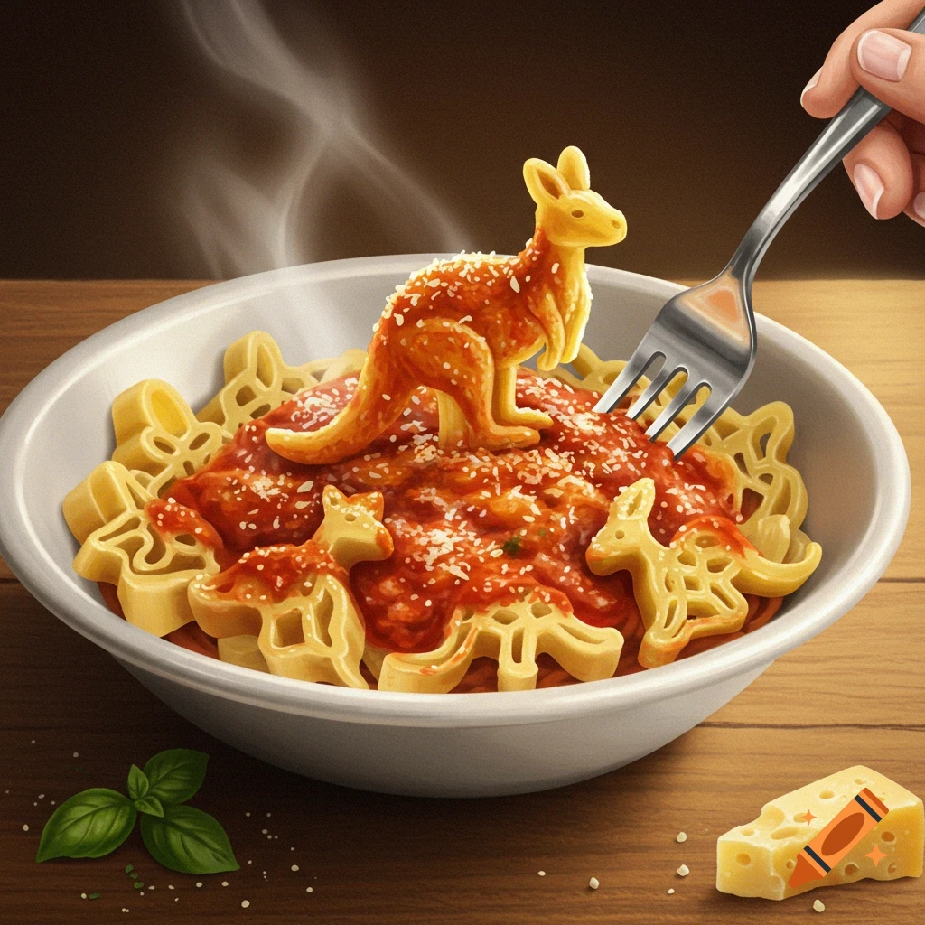 A bowl of kangaroo-shaped pasta with red sauce, grated cheese, and a fork, beside basil and a piece of cheese.