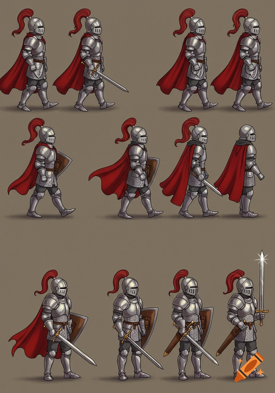 RPG knight sprite sheet showing a knight in silver armor and red cape with a sword and shield in various walking and idle poses.